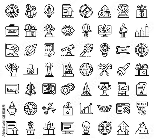 Startup icons set. Outline set of startup vector icons for web design isolated on white background