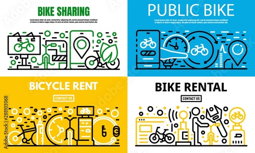 City rent a bike banner set. Outline set of city rent a bike vector banner for web design