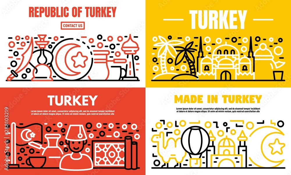 Turkey country banner set. Outline set of turkey country vector banner