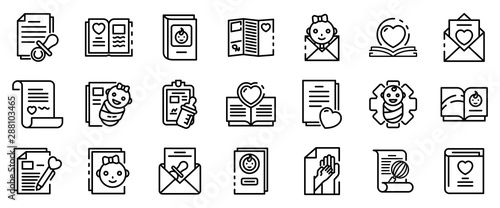 Certificate of birth icons set. Outline set of certificate of birth vector icons for web design isolated on white background