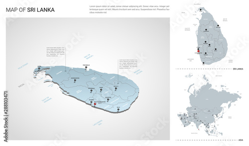 Vector set of Sri Lanka country.  Isometric 3d map, Sri Lanka map, Asia map - with region, state names and city names.
