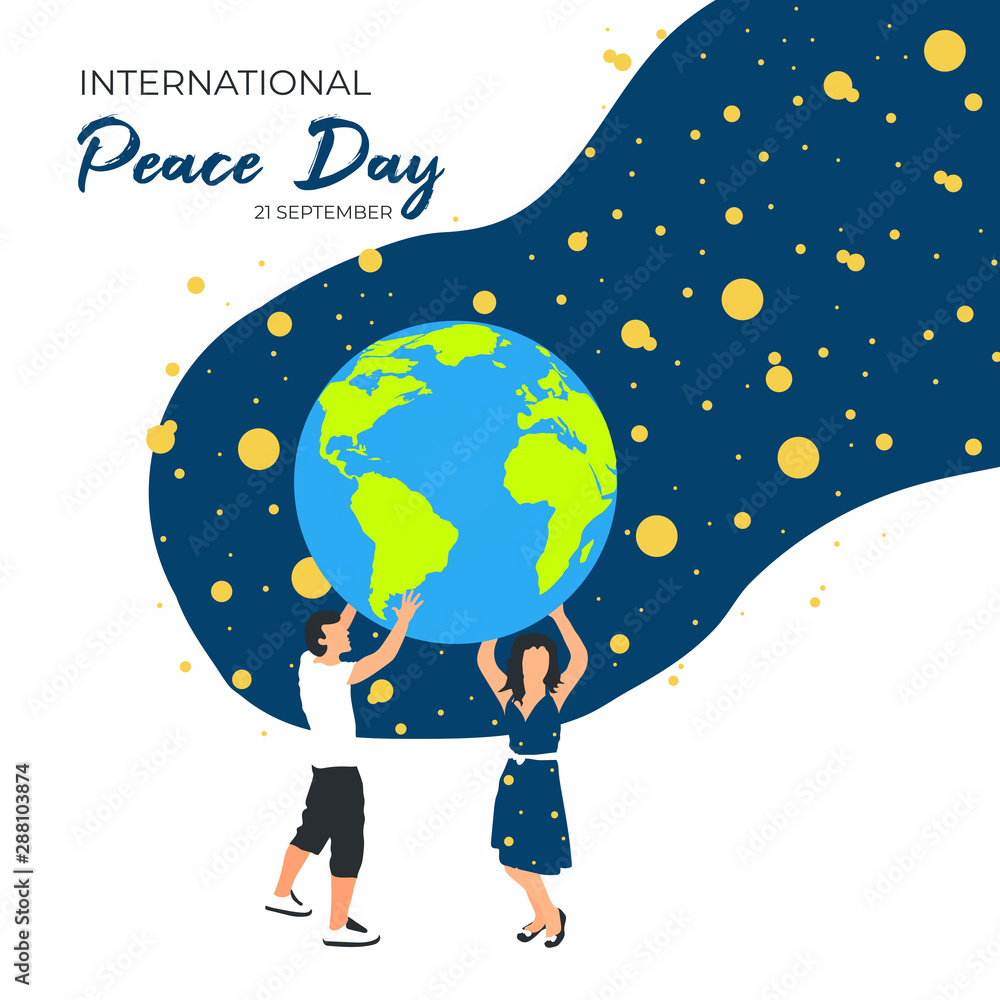 International Peace Day concept design for banner, poster, greeting card. Man and woman holding planet Earth globe over space background. International Peace Day concept design for banner, poster, greeting card. Man and woman holding planet Earth globe over space background.