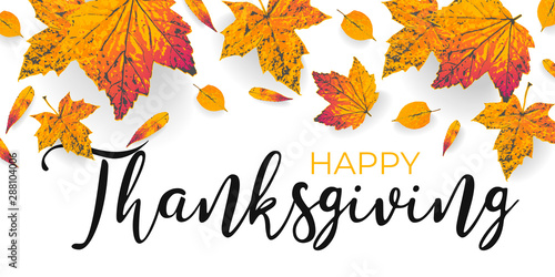 Golden autumn leaves border. Happy Thanksgiving banner, poster, sale flyer. Fall maple orange and yellow leaf element on white background. Thanks giving frame design. Vector illustration