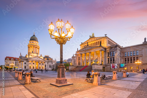 Panoramic view of famous Gendarmenmarkt square at sunset in Berlin