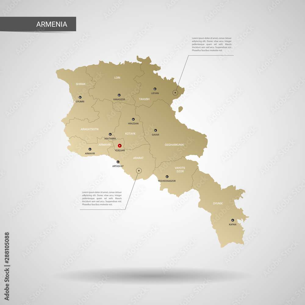 Stylized vector Armenia map.  Infographic 3d gold map illustration with cities, borders, capital, administrative divisions and pointer marks, shadow; gradient background. 