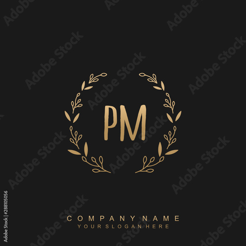 letter PM surrounded by beautiful and elegant flowers and leaves. Wedding monogram logo template.
