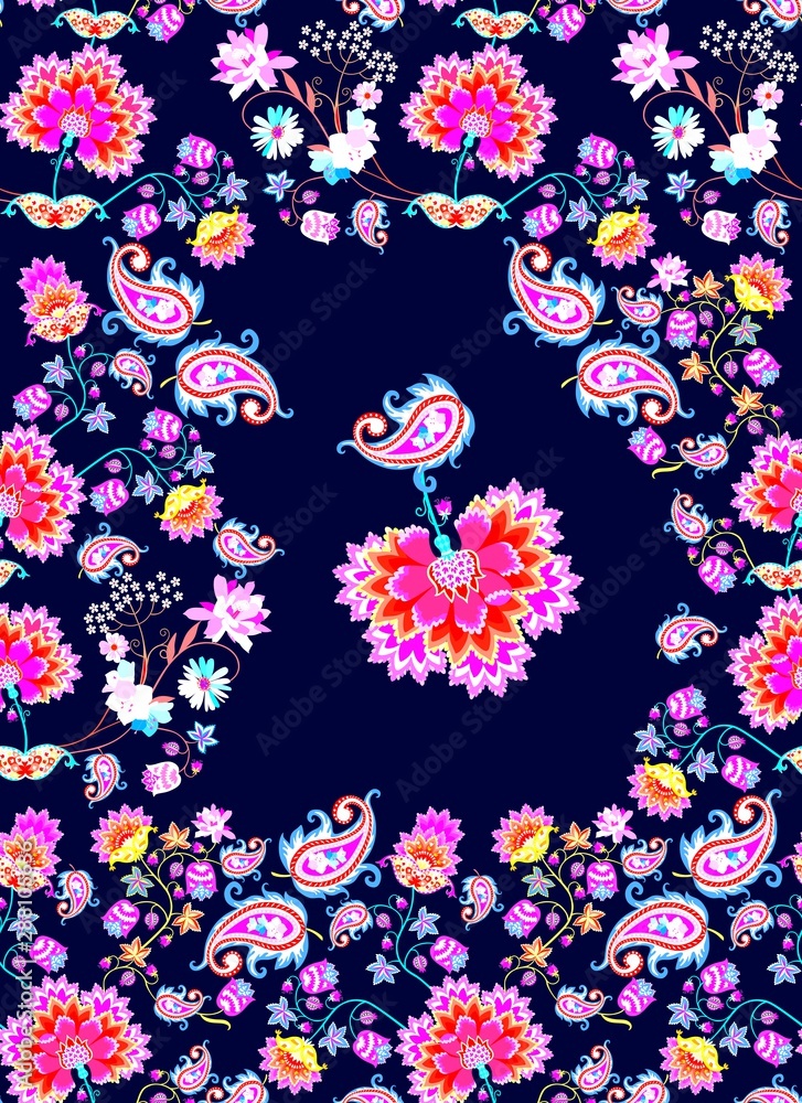 Seamless floral pattern with fabulous flowers and paisley on dark blue background. Print for fabric in ethnic style. Indian, mexican motifs.