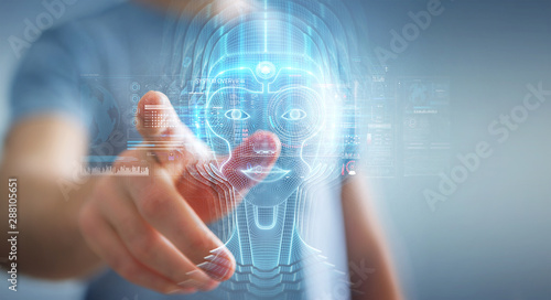 Businessman using digital artificial intelligence head interface 3D rendering