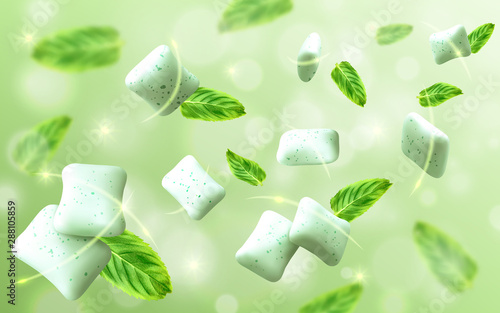 Mint flavor gum with leaf mint on light green background. Vector realistic illustration