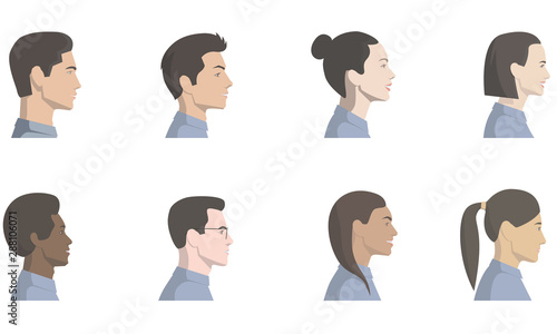 Set of vector illustrations with side view of a faces of a beautiful men and women
