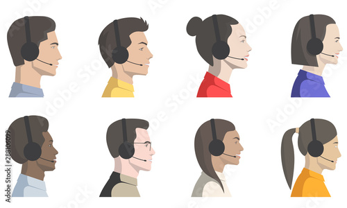 Set of vector illustrations with side view of a faces of a beautiful women and men talking on the phone in the office
