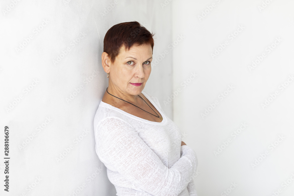 Front view elegant senior lady with short hair Front view elegant senior lady with short hair