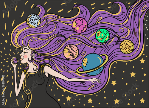 girl universe with planets in her hair, concept