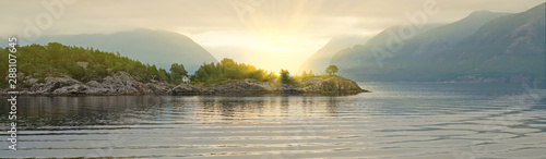 Norwegian fjords sunset sea mountain panoramic landscape, Norway