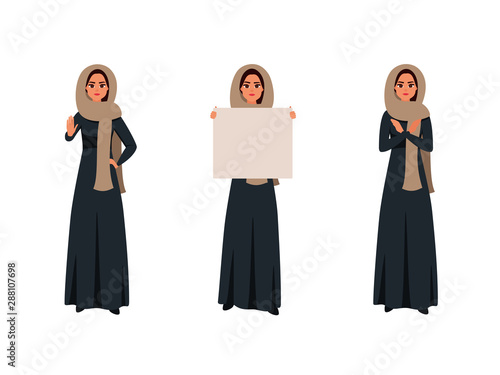 Arab women making boycott gestures. Saudi girl in black abaya holding a blank signboard. Flat cartoon colorful vector illustration. Design with Cartoon business Moslem people in traditional clothing