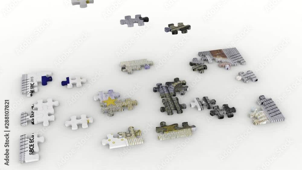 Animazione illustrazione 3D. Creazione puzzle cinque euro su sfondo bianco.. Animazione illustrazione 3D. Creazione puzzle cinque euro su sfondo bianco..