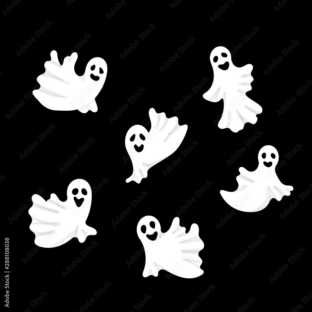 Set of white flying Ghosts isolated on black background. Creepy funny cute character. Halloween cartoon doodles. Design for greeting card, gift box, wallpaper, fabric. Vector Illustration. Set of white flying Ghosts isolated on black background. Creepy funny cute character. Halloween cartoon doodles. Design for greeting card, gift box, wallpaper, fabric. Vector Illustration.