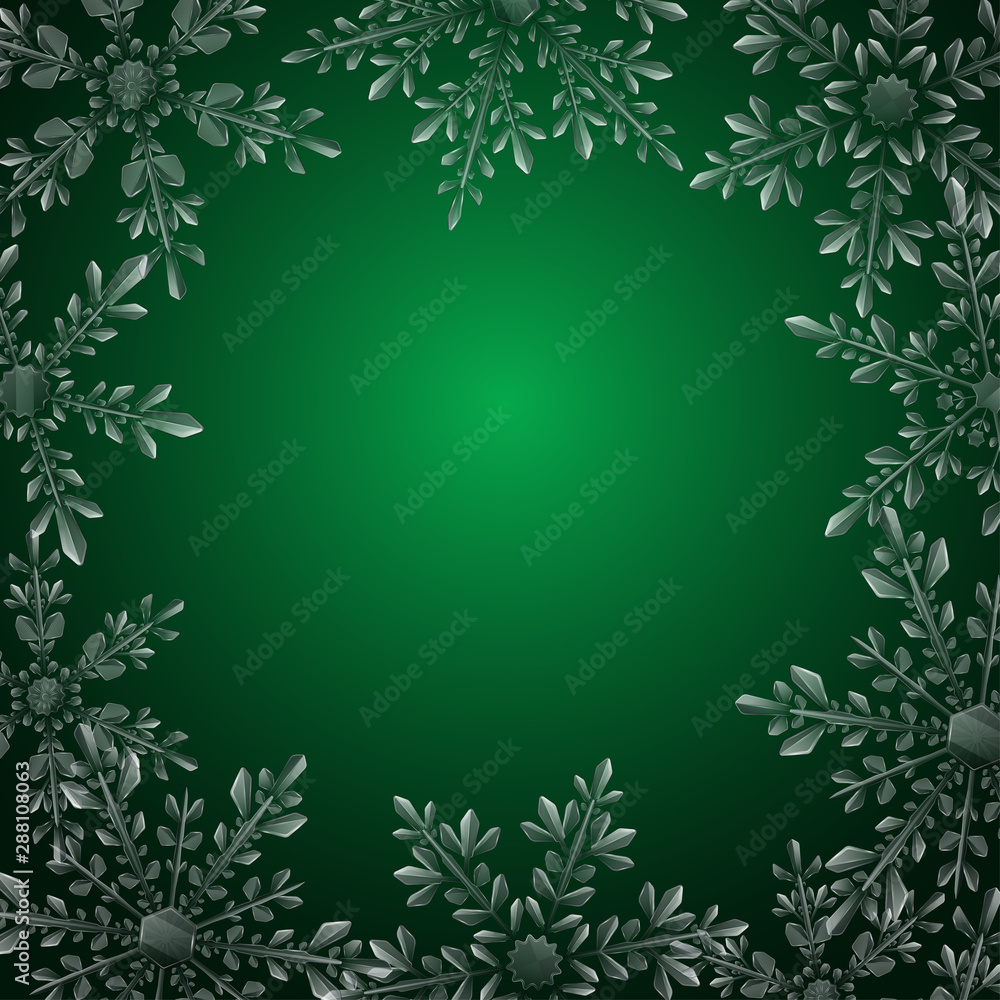Christmas illustration with frame of large complex translucent snowflakes on green background. Transparency only in vector format Christmas illustration with frame of large complex translucent snowflakes on green background. Transparency only in vector format