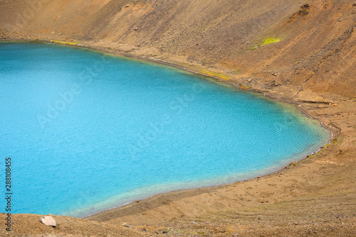 Viti crater in Krafla caldera, lake with emerald colored water, geothermal volcanic area, northern Iceland, Myvatn region. Iceland, Europe.