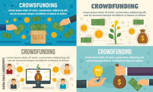 Crowdfunding invest banner set. Flat illustration of crowdfunding invest vector banner set for web design