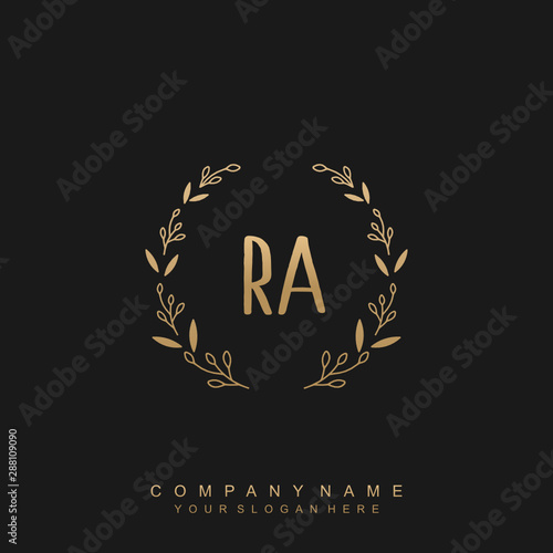 letter RA surrounded by beautiful and elegant flowers and leaves. Wedding monogram logo template.