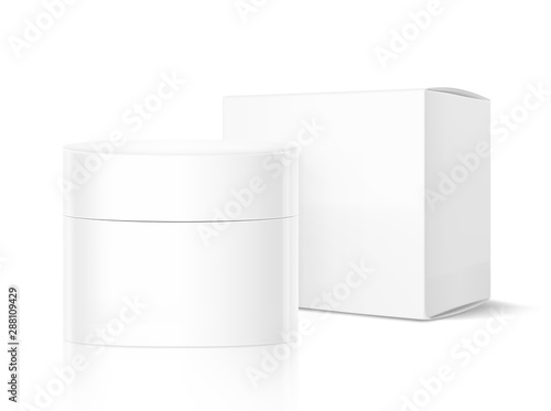 Blank cosmetic package container for creme with box. Vector illustration isolated on white background. Can be use for your design, advertising, promo and etc. EPS10.