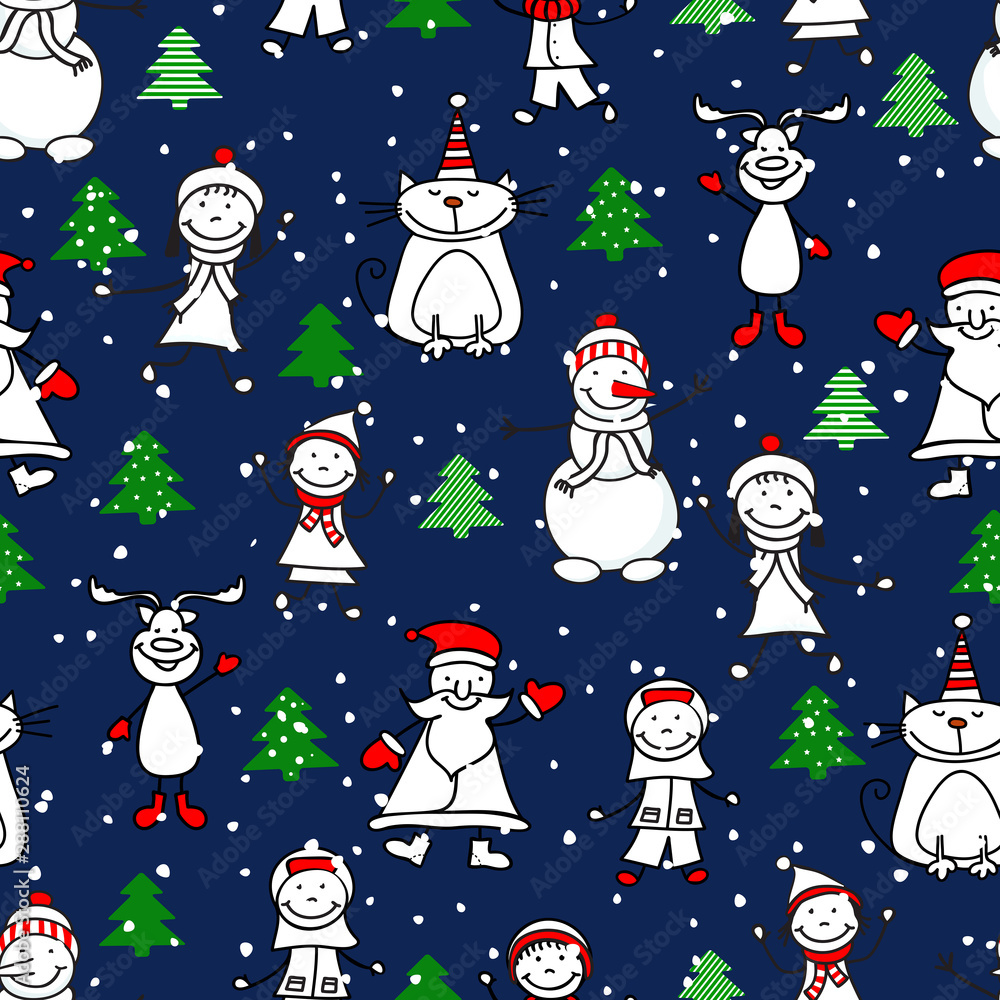 Seamless pattern with child, deer,cat and snowmen christmas. New Year. Vector illustration. Print for fabric.