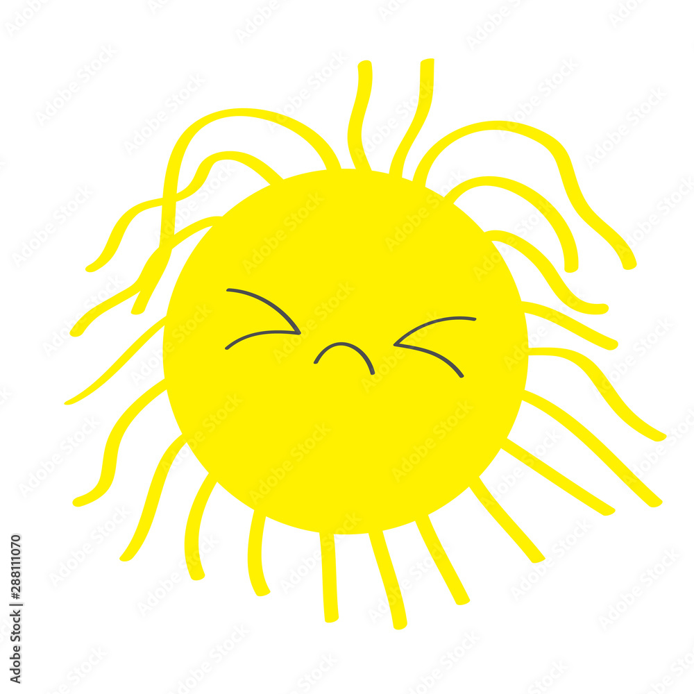 Sleepy sun shining icon set. Kawaii face with different emotions. Cute cartoon funny sad character. Hello summer. White background. Isolated. Baby collection. Flat design.