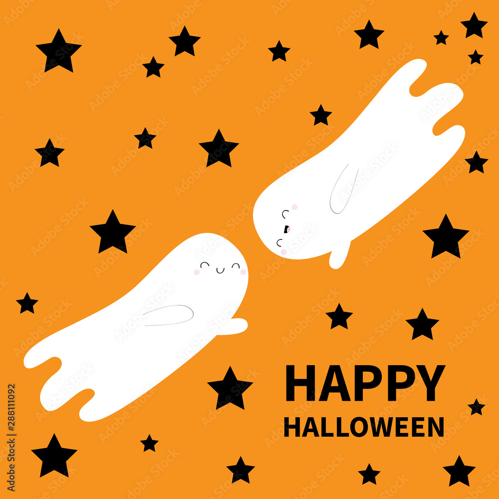 Happy Halloween. Two flying ghost spirit. Black star silhouette. Boo. Scary white ghosts. Cute cartoon spooky character. Smiling face hands. Orange background Greeting card Flat design Happy Halloween. Two flying ghost spirit. Black star silhouette. Boo. Scary white ghosts. Cute cartoon spooky character. Smiling face hands. Orange background Greeting card Flat design