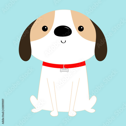 Dog sitting. Red collar. White puppy pooch. Cute cartoon kawaii funny baby character. Flat design style. Help homeless animal concept. Adopt me. Pet adoption. Blue background. Isolated.