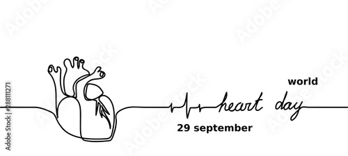 World heart day for banner design. Medical concept, vector background. World heart day simple one single line background. Continuous hand drawing banner.