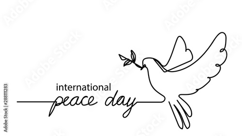 International peace day.Continuous line drawing. Lettering on white background. Peace dove sign. Olive branch. Vector holiday signature. Freedom sign. White dove bird. Dove icon.