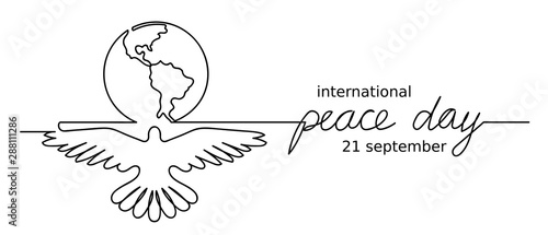 21 september Peace day. Dove and earth vector sign. Simple one single line drawing.