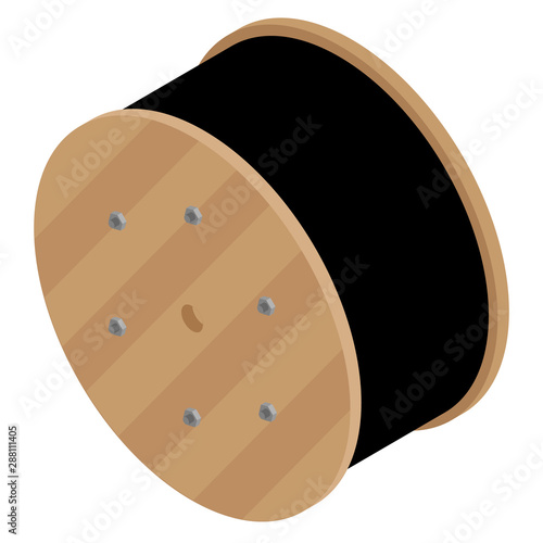 Black wire electric cable with wooden coil of electric cable.