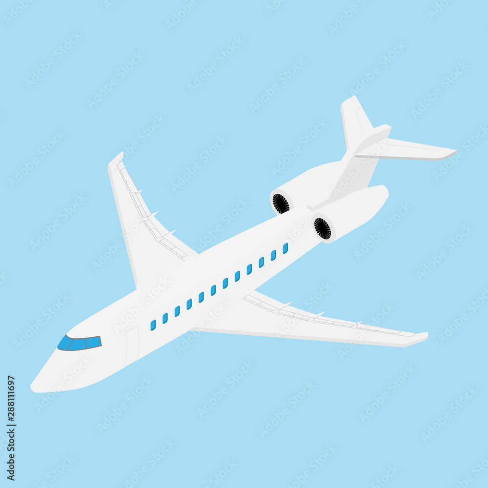 Flying Business jet airplane isolated on blue background isometric view.