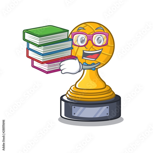Student with book volleyball trophy cartoon displayed above character table