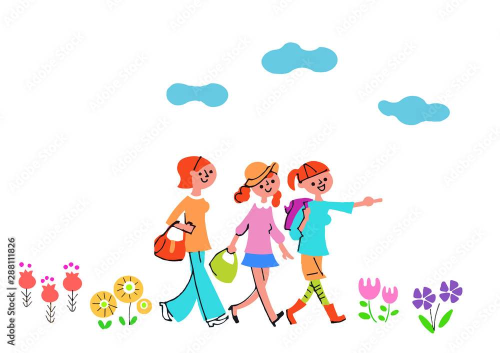 歩く女性３人と花