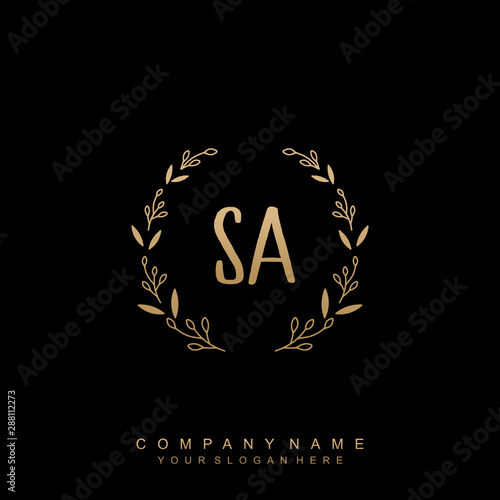 letter SA surrounded by beautiful and elegant flowers and leaves. Wedding monogram logo template. photo