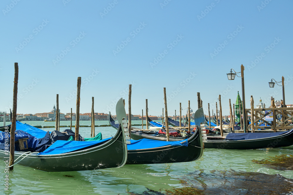 Gondolas parked close to San Marco Square in Venice, Italy
