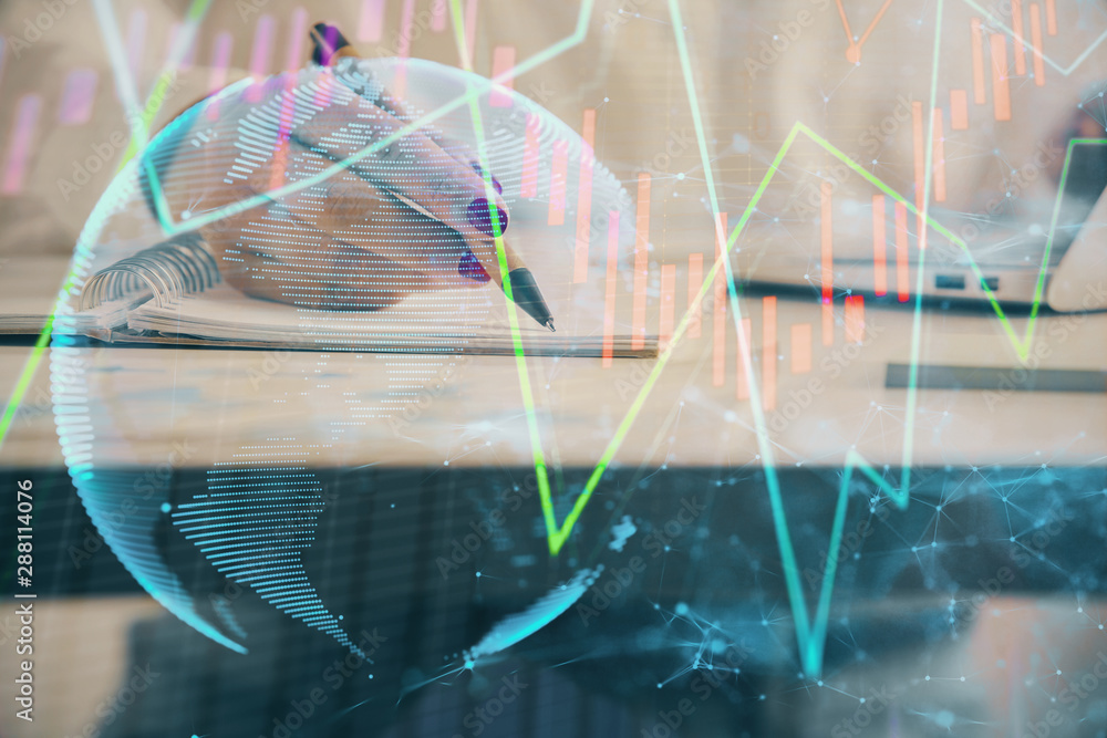 Naklejka premium Double exposure of woman's hands making notes with forex graph hologram. Concept technical analysis.