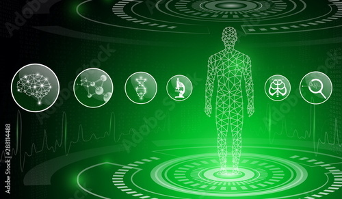 abstract background technology concept in green light,human body heal,technology modern medical science in future and global international medical with tests analysis clone DNA human
