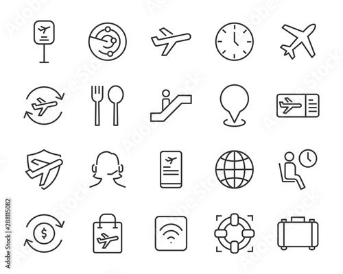 set of airport icons, airplane, plane, passport, travel