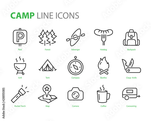 set of camp icons, travel, holiday, campfire, tent,
