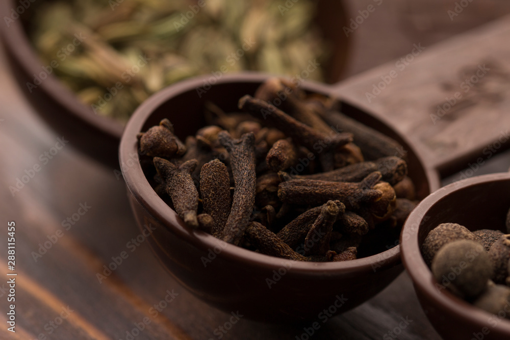 Obraz premium Cloves and spices in measuring spoons Close-Up