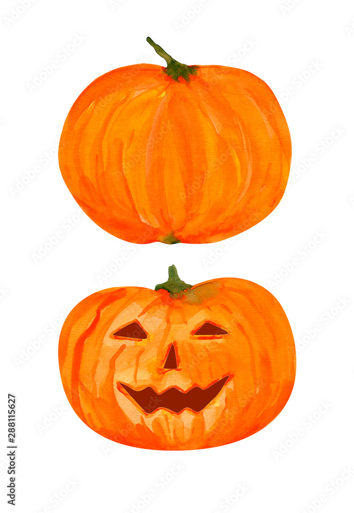 Obraz premium set of pumpkins, halloween symbols isolated on a white background. Watercolor ripe pumpkin and pumpkin with eyes and a smile.