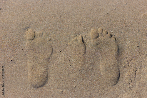 three footprints on a sandy beach