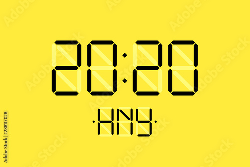 Happy New Year xmas holiday card with digital lcd electronic display clock number 2020 and HNY black letters on yellow background. Merry Christmas celebration calendar vector illustration photo