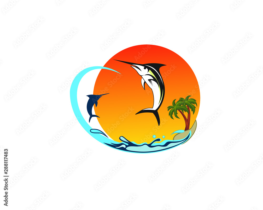 Marlin fish flying on the sea and beach Marlin fish flying on the sea and beach