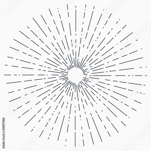 Sun burst, star burst sunshine. Radiating from the center of thin beams, lines.