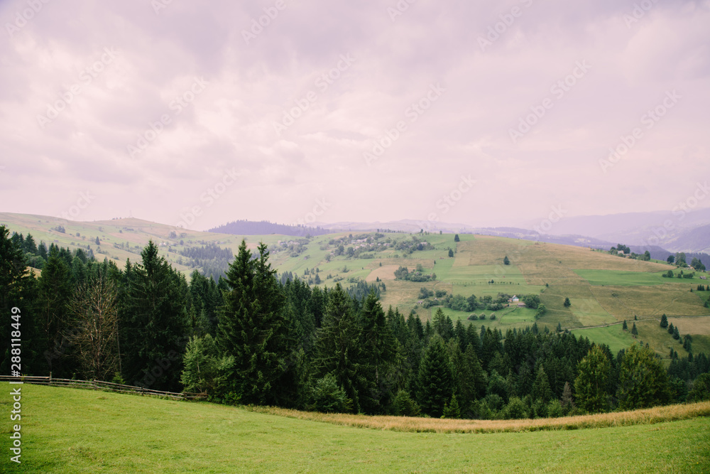 Fototapeta premium Romantik landscape in the mountain village in the Hutsul region Dovhopillya